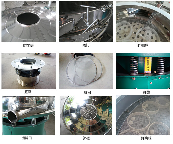 直径600型振动筛细节：网架，料斗，筛框，挡球环，防尘盖，闸门，出料口。
