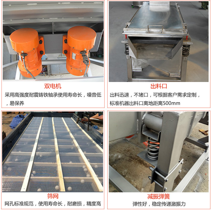 线振动筛配件优势：双电机采用jxf吉祥坊度耐震铸铁轴承使用寿命长，噪音低，易保养，出料口：出料迅速，不堵口，可根据客户需求定制标准机器出料口离地距离500mm。筛网：网孔标准规范，使用寿命长，耐磨损，精度高。减震弹簧弹性好，稳定传递激振力。
