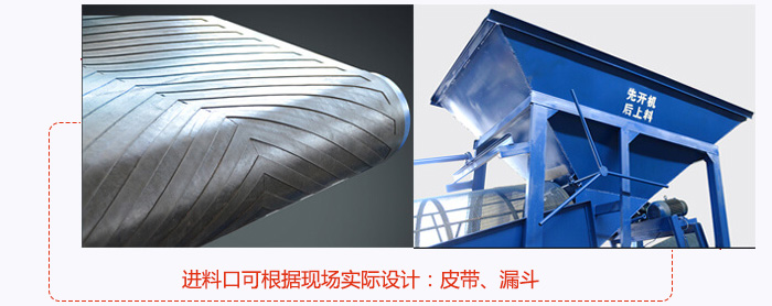进料口可根据现场实际设计：皮带式，漏斗式