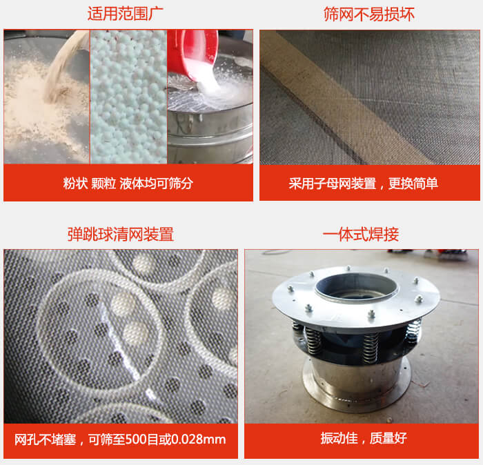 食品振动筛特点：1，效率高？：效率高，设计精巧耐用，任何粉类，粘液军可筛分。2，操作简单采用优质材料，换网容易，操作简单，清洗方便。3，网孔不堵塞粉末不飞扬，可筛至500目或0.028mm4，精细做工产品经过严格加工程序，做工精细美观耐用。5，独特网架设计筛网使用时间长久，换网只需3-5分钟。
