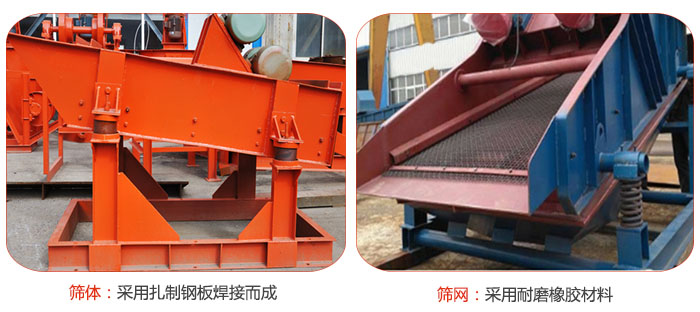 矿用振动筛特点：筛体采用扎制钢板焊接而成，筛网采用耐磨橡胶材质