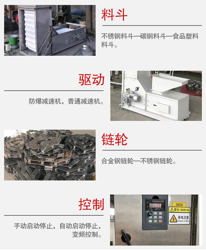 z型斗式提升机料斗：不锈钢料斗-碳钢料斗-食品塑料料斗。驱动装置采用的式防爆减速机，普通减速机两种。链轮采用合金链轮-不锈钢链轮控制器：手动启动/停止，以及自动启动停止。