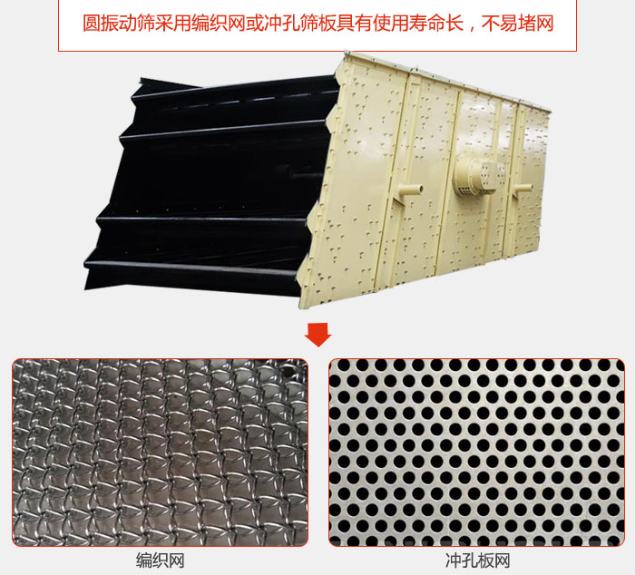 圆振动筛采用编织网或冲孔筛板具有使用寿命长，不易堵网。