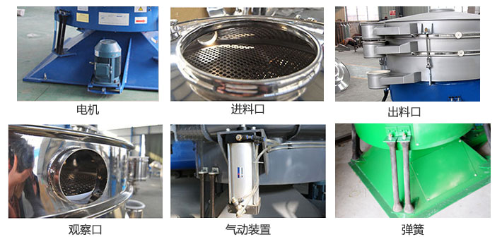 摇摆筛分机由进料口，出料口，观察口，电机，弹簧，气动装置等部件组成