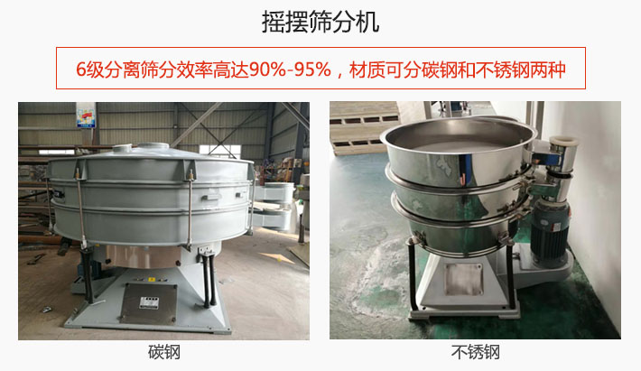 摇摆筛分机6级分离筛分效率高达90%-95%，材质可分碳钢和不锈钢两种。