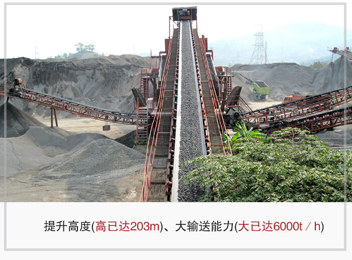 大倾角皮带输送机根据适用场景的不同输送高度在203m以内，输送量在6000t/h以内。