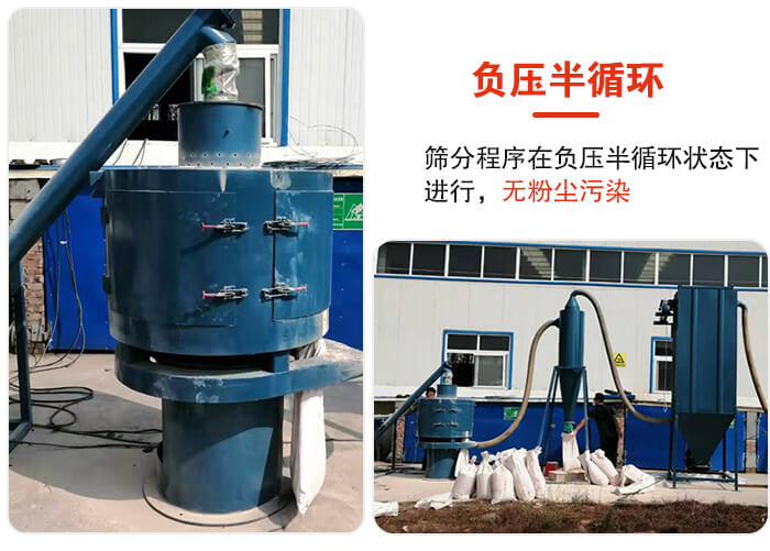 气流筛负压半循环，筛分程序在负压版循环状态下进行，无粉尘污染。