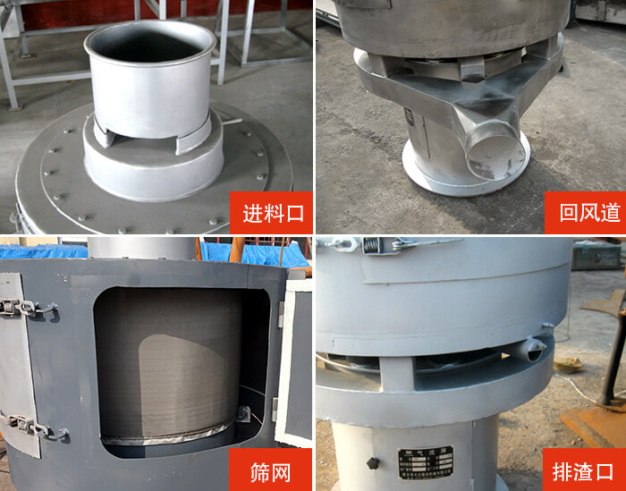 气流筛分机进料口，回风道，筛网，排渣口。