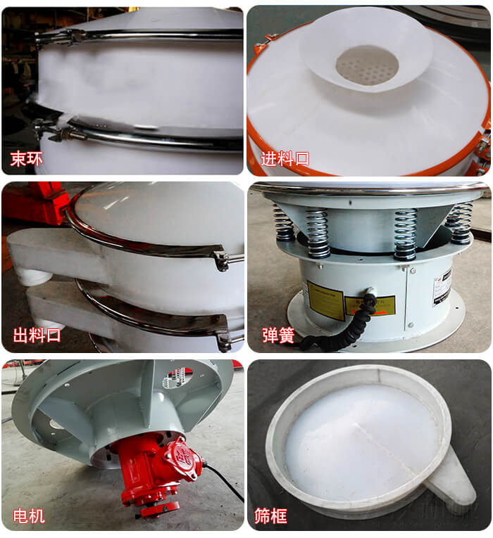 塑料防腐蚀振动筛细节:进料口，框体，网架底框，出料口等。