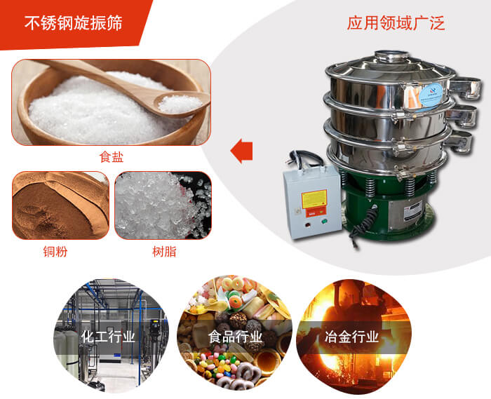 不锈钢旋振筛应用的行业:高浓度浆液过滤筛分，奶粉，豆奶粉专用振动筛机