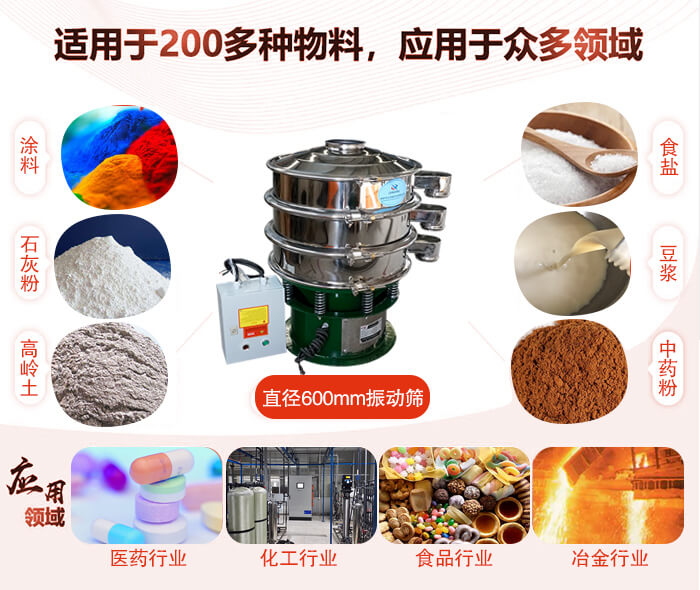 直径600mm振动筛使用的行业:医药行业，公害处理，食品行业，化工行业。